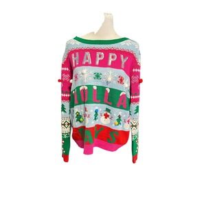 Ugly Christmas Sweater Womens Happy Holla Days Snowman Reindeer Candy Cane